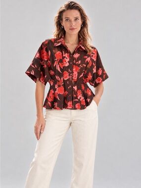 Watercolor Brown Red Floral Dolman Sleeve Button Up Blouse Cinched Waist NWT XS